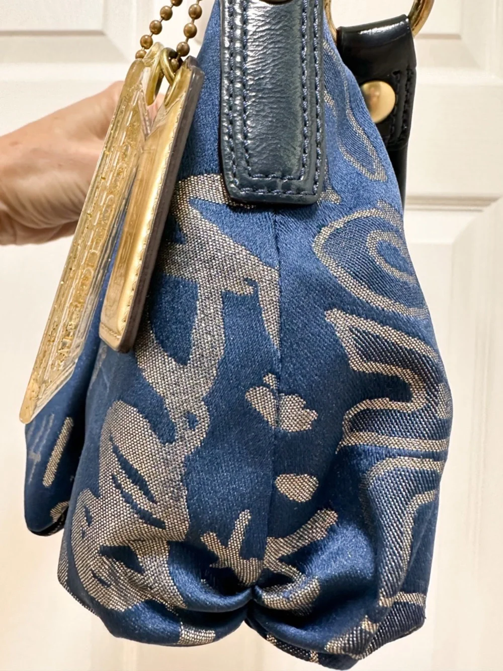 Coach Poppy Story Patch Bag Navy Metallic Gold Graffiti Satin 2Way
